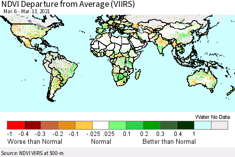 World NDVI Departure from Average (VIIRS) Thematic Map For 3/6/2021 - 3/13/2021