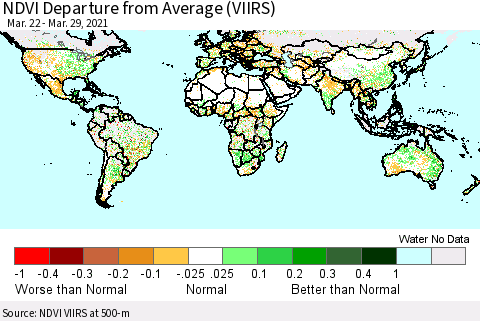 World NDVI Departure from Average (VIIRS) Thematic Map For 3/22/2021 - 3/29/2021