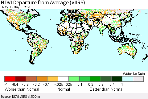 World NDVI Departure from Average (VIIRS) Thematic Map For 5/1/2021 - 5/8/2021