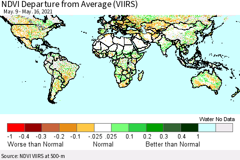World NDVI Departure from Average (VIIRS) Thematic Map For 5/9/2021 - 5/16/2021