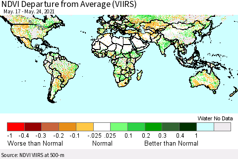 World NDVI Departure from Average (VIIRS) Thematic Map For 5/17/2021 - 5/24/2021