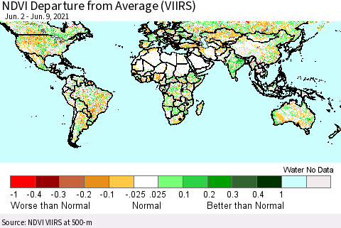 World NDVI Departure from Average (VIIRS) Thematic Map For 6/2/2021 - 6/9/2021