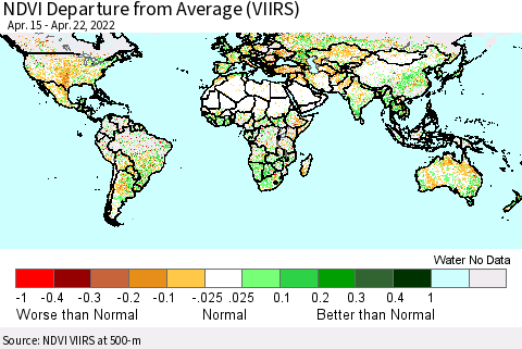 World NDVI Departure from Average (VIIRS) Thematic Map For 4/15/2022 - 4/22/2022