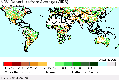 World NDVI Departure from Average (VIIRS) Thematic Map For 7/4/2022 - 7/11/2022