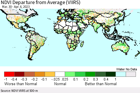 World NDVI Departure from Average (VIIRS) Thematic Map For 3/30/2023 - 4/6/2023
