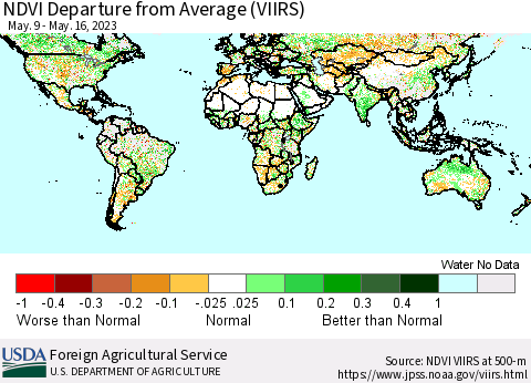 World NDVI Departure from Average (VIIRS) Thematic Map For 5/11/2023 - 5/20/2023