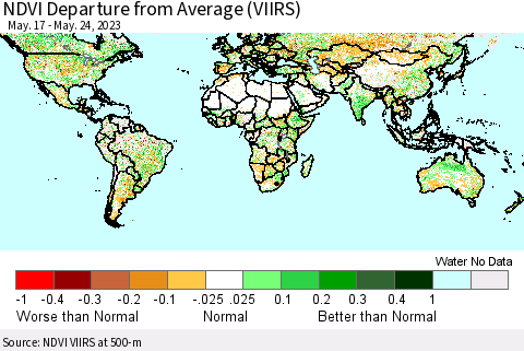 World NDVI Departure from Average (VIIRS) Thematic Map For 5/17/2023 - 5/24/2023