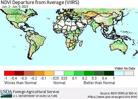 World NDVI Departure from Average (VIIRS) Thematic Map For 6/1/2023 - 6/10/2023