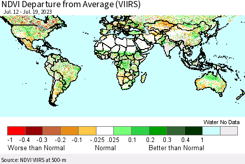 World NDVI Departure from Average (VIIRS) Thematic Map For 7/12/2023 - 7/19/2023
