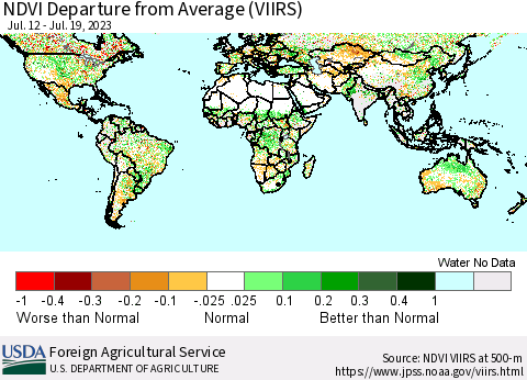 World NDVI Departure from Average (VIIRS) Thematic Map For 7/11/2023 - 7/20/2023