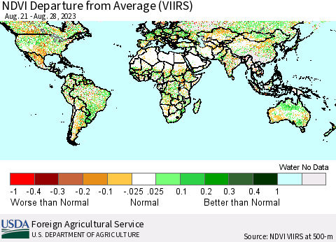 World NDVI Departure from Average (VIIRS) Thematic Map For 8/21/2023 - 8/31/2023