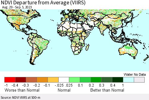 World NDVI Departure from Average (VIIRS) Thematic Map For 8/29/2023 - 9/5/2023