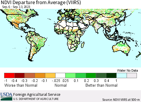 World NDVI Departure from Average (VIIRS) Thematic Map For 9/11/2023 - 9/20/2023