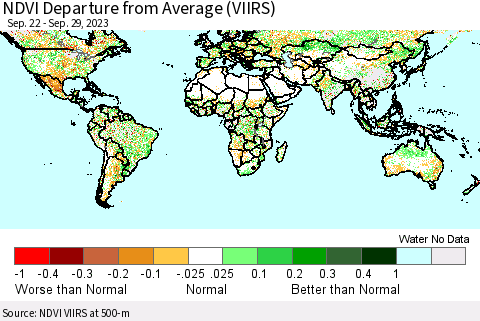 World NDVI Departure from Average (VIIRS) Thematic Map For 9/22/2023 - 9/29/2023