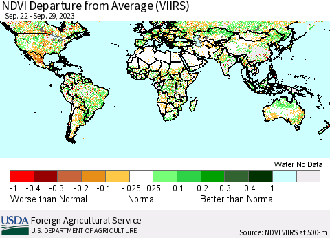 World NDVI Departure from Average (VIIRS) Thematic Map For 9/21/2023 - 9/30/2023