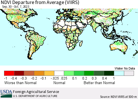 World NDVI Departure from Average (VIIRS) Thematic Map For 10/1/2023 - 10/10/2023