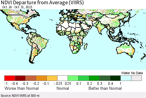 World NDVI Departure from Average (VIIRS) Thematic Map For 10/21/2023 - 10/31/2023