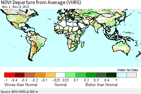 World NDVI Departure from Average (VIIRS) Thematic Map For 11/1/2023 - 11/8/2023