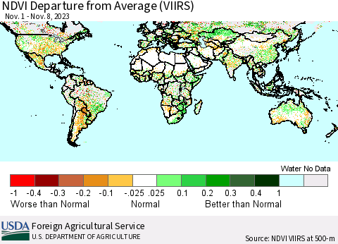 World NDVI Departure from Average (VIIRS) Thematic Map For 11/1/2023 - 11/10/2023