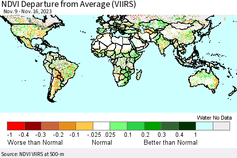 World NDVI Departure from Average (VIIRS) Thematic Map For 11/9/2023 - 11/16/2023