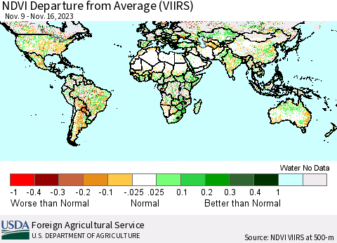 World NDVI Departure from Average (VIIRS) Thematic Map For 11/11/2023 - 11/20/2023
