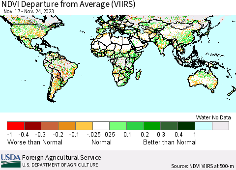 World NDVI Departure from Average (VIIRS) Thematic Map For 11/21/2023 - 11/30/2023