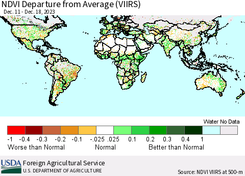World NDVI Departure from Average (VIIRS) Thematic Map For 12/11/2023 - 12/20/2023