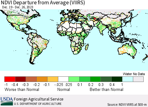 World NDVI Departure from Average (VIIRS) Thematic Map For 12/21/2023 - 12/31/2023