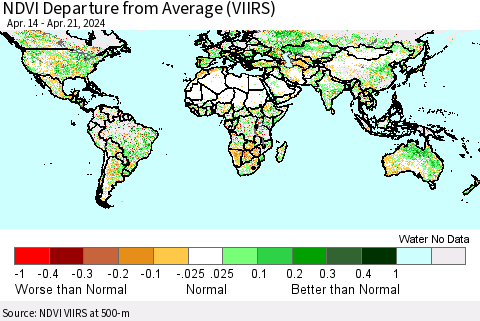 World NDVI Departure from Average (VIIRS) Thematic Map For 4/14/2024 - 4/21/2024