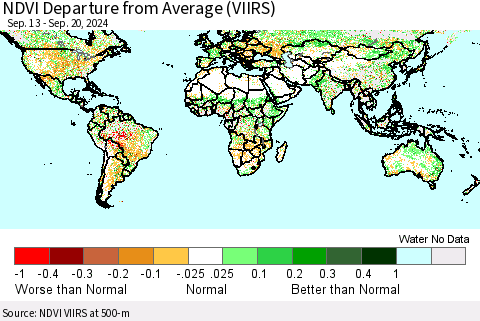 World NDVI Departure from Average (VIIRS) Thematic Map For 9/13/2024 - 9/20/2024