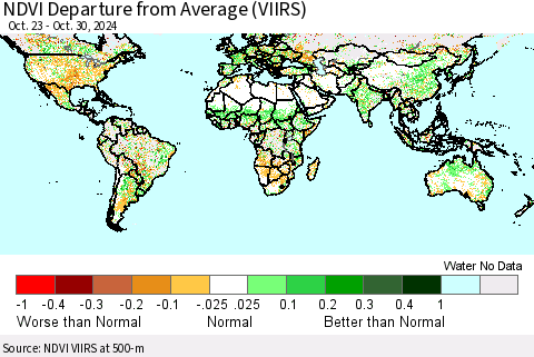 World NDVI Departure from Average (VIIRS) Thematic Map For 10/23/2024 - 10/30/2024