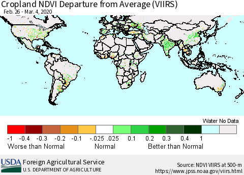 World Cropland NDVI Departure from Average (VIIRS) Thematic Map For 3/1/2020 - 3/10/2020