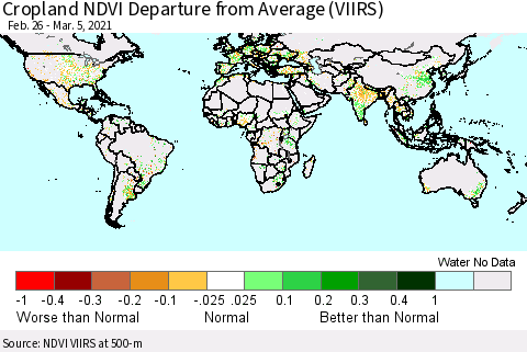 World Cropland NDVI Departure from Average (VIIRS) Thematic Map For 2/26/2021 - 3/5/2021
