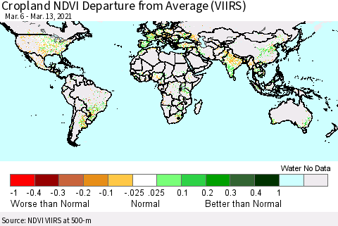 World Cropland NDVI Departure from Average (VIIRS) Thematic Map For 3/6/2021 - 3/13/2021
