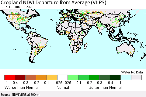 World Cropland NDVI Departure from Average (VIIRS) Thematic Map For 6/10/2021 - 6/17/2021