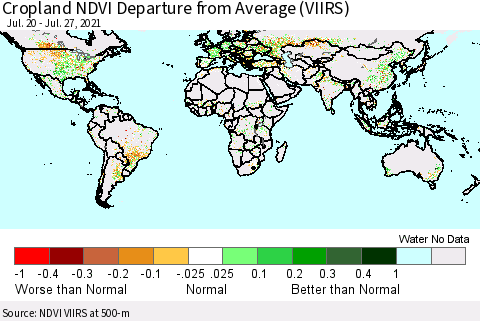 World Cropland NDVI Departure from Average (VIIRS) Thematic Map For 7/20/2021 - 7/27/2021