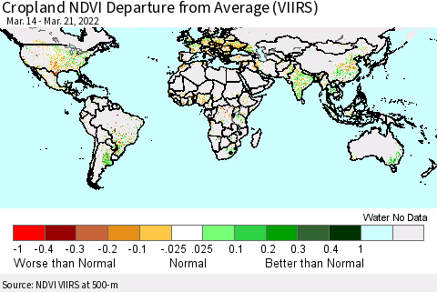 World Cropland NDVI Departure from Average (VIIRS) Thematic Map For 3/14/2022 - 3/21/2022