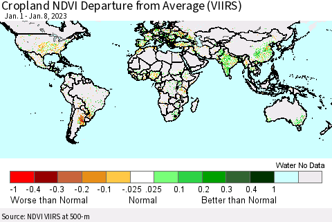 World Cropland NDVI Departure from Average (VIIRS) Thematic Map For 1/1/2023 - 1/8/2023