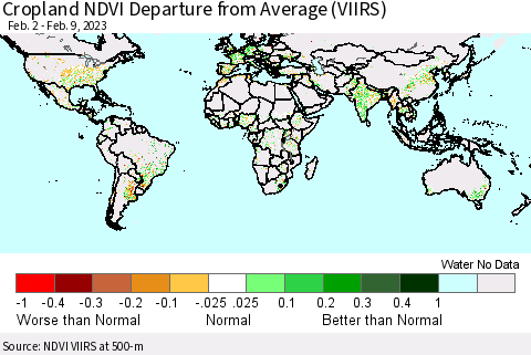 World Cropland NDVI Departure from Average (VIIRS) Thematic Map For 2/2/2023 - 2/9/2023