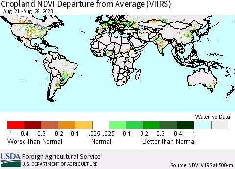 World Cropland NDVI Departure from Average (VIIRS) Thematic Map For 8/21/2023 - 8/31/2023