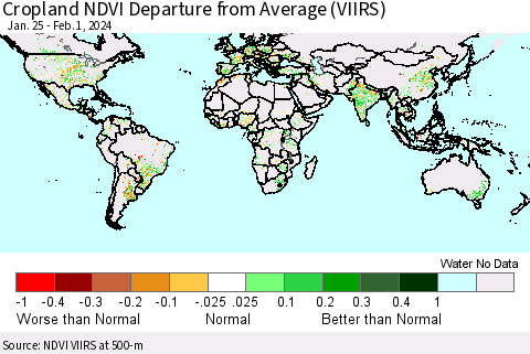 World Cropland NDVI Departure from Average (VIIRS) Thematic Map For 1/25/2024 - 2/1/2024