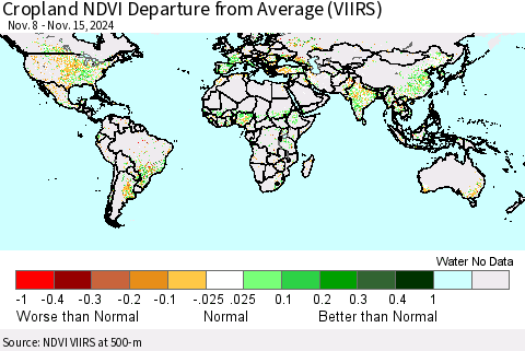 World Cropland NDVI Departure from Average (VIIRS) Thematic Map For 11/8/2024 - 11/15/2024