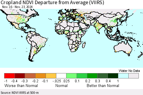 World Cropland NDVI Departure from Average (VIIRS) Thematic Map For 11/16/2024 - 11/23/2024
