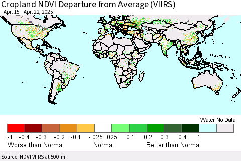 World Cropland NDVI Departure from Average (VIIRS) Thematic Map For 4/15/2025 - 4/22/2025