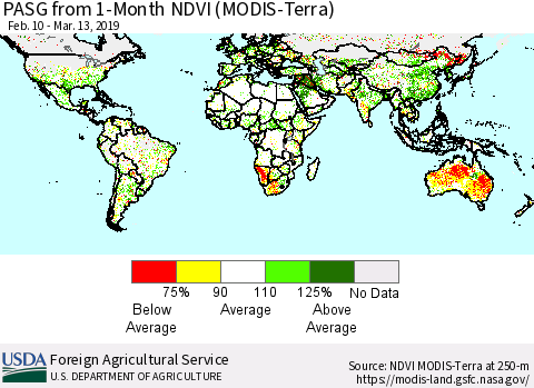 World PASG from 1-Month NDVI (Terra-MODIS) Thematic Map For 3/11/2019 - 3/20/2019
