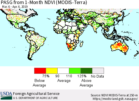 World PASG from 1-Month NDVI (Terra-MODIS) Thematic Map For 4/1/2019 - 4/10/2019