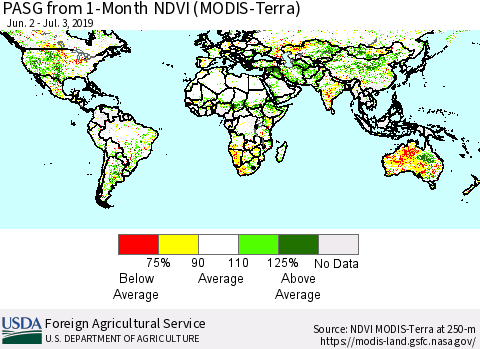 World PASG from 1-Month NDVI (Terra-MODIS) Thematic Map For 7/1/2019 - 7/10/2019