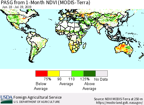 World PASG from 1-Month NDVI (Terra-MODIS) Thematic Map For 7/11/2019 - 7/20/2019
