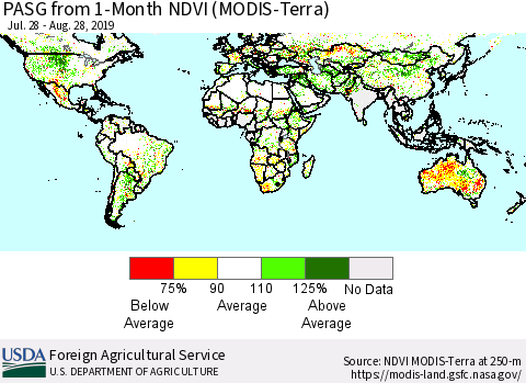 World PASG from 1-Month NDVI (Terra-MODIS) Thematic Map For 8/21/2019 - 8/31/2019