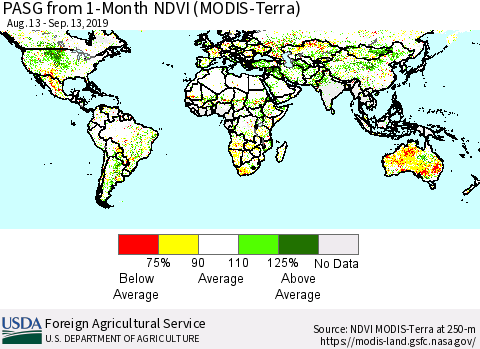 World PASG from 1-Month NDVI (Terra-MODIS) Thematic Map For 9/11/2019 - 9/20/2019
